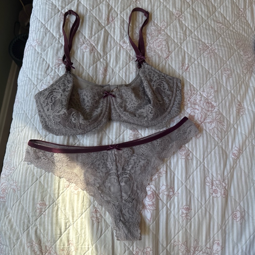Victoria's Secret Taupe Lace Bra & Bikini Set with Plum Trim